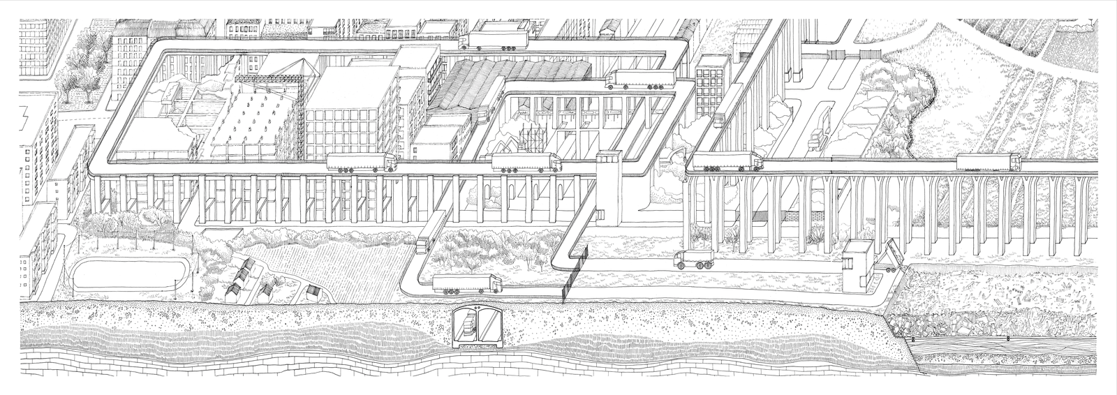 Dessin en grand au micron du cycle des déchets perpétuels